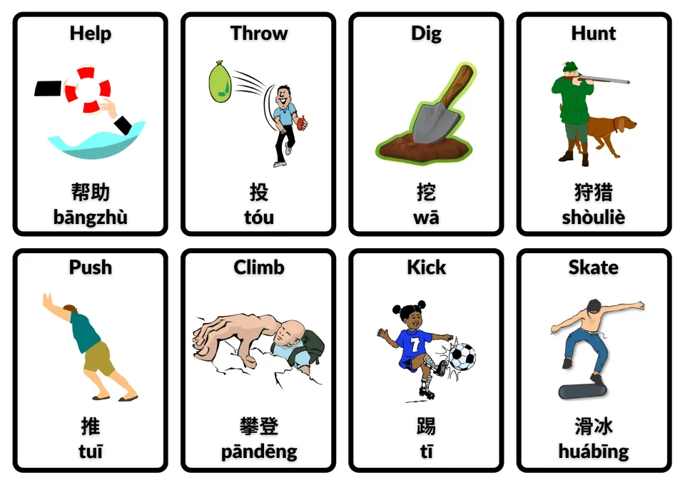 English–Chinese action flashcards with Pinyin: help, throw, dig, hunt, push, climb, kick and skate