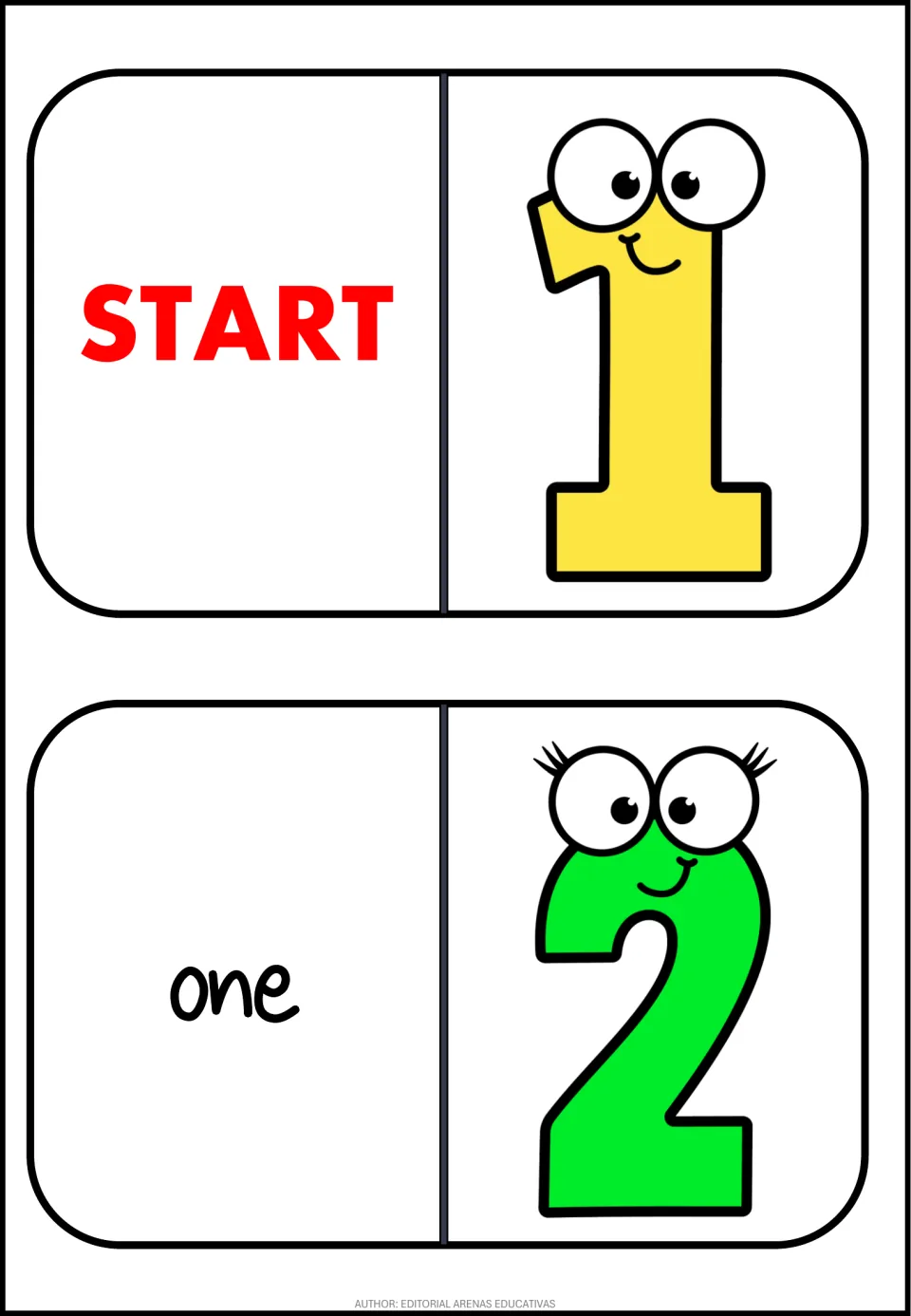 Numbers domino cards 1–2 of 11: the opening card pairs START with 1, and the next card pairs one with 2.