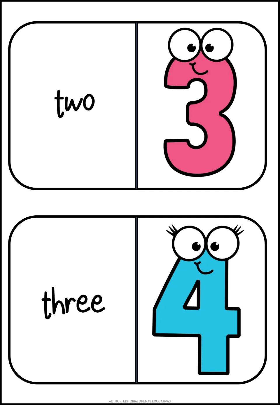 Numbers domino cards 3–4 of 11: one card pairs the word two with 3, and the next pairs the word three with 4.
