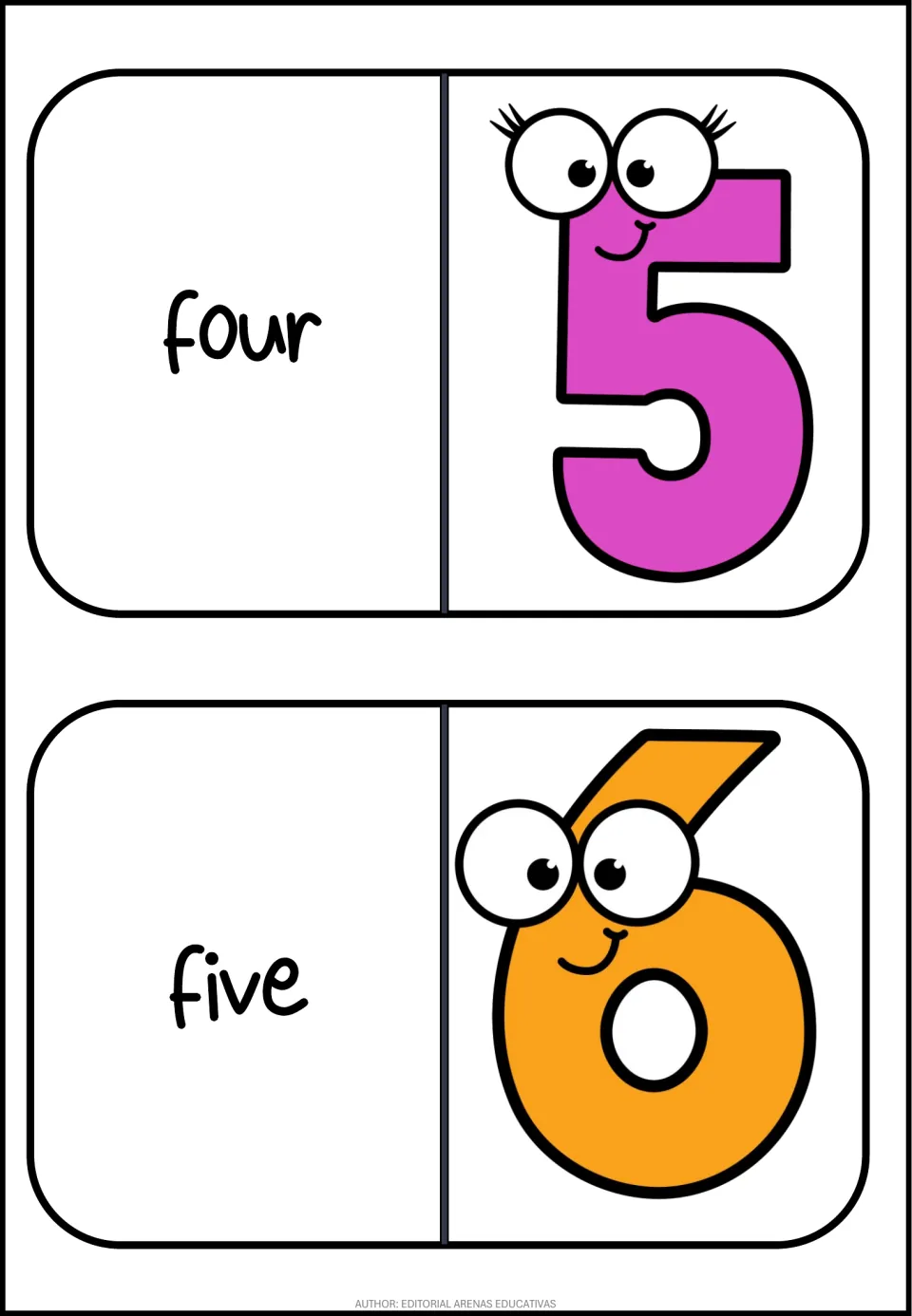 Numbers domino cards 5–6 of 11: one card pairs the word four with 5, and the next pairs the word five with 6.