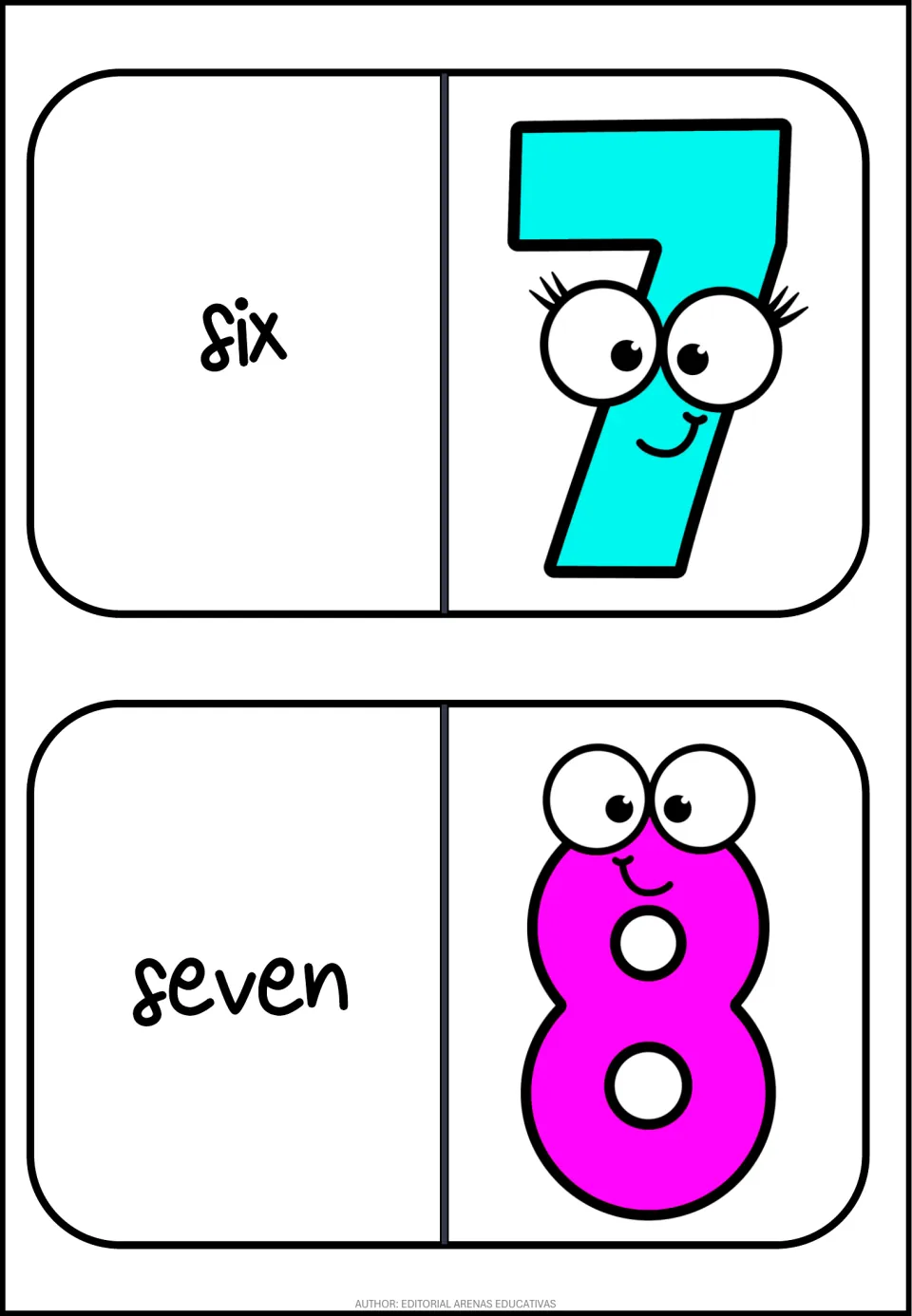Numbers domino cards 7–8 of 11: one card pairs the word six with 7, and the next pairs the word seven with 8.