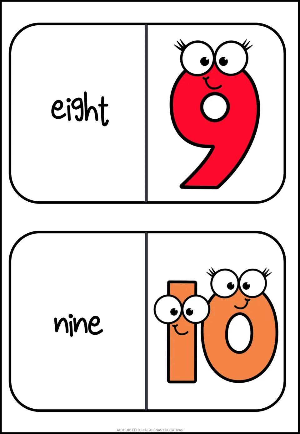 Numbers domino cards 9–10 of 11: one card pairs the word eight with 9, and the next pairs the word nine with 10.