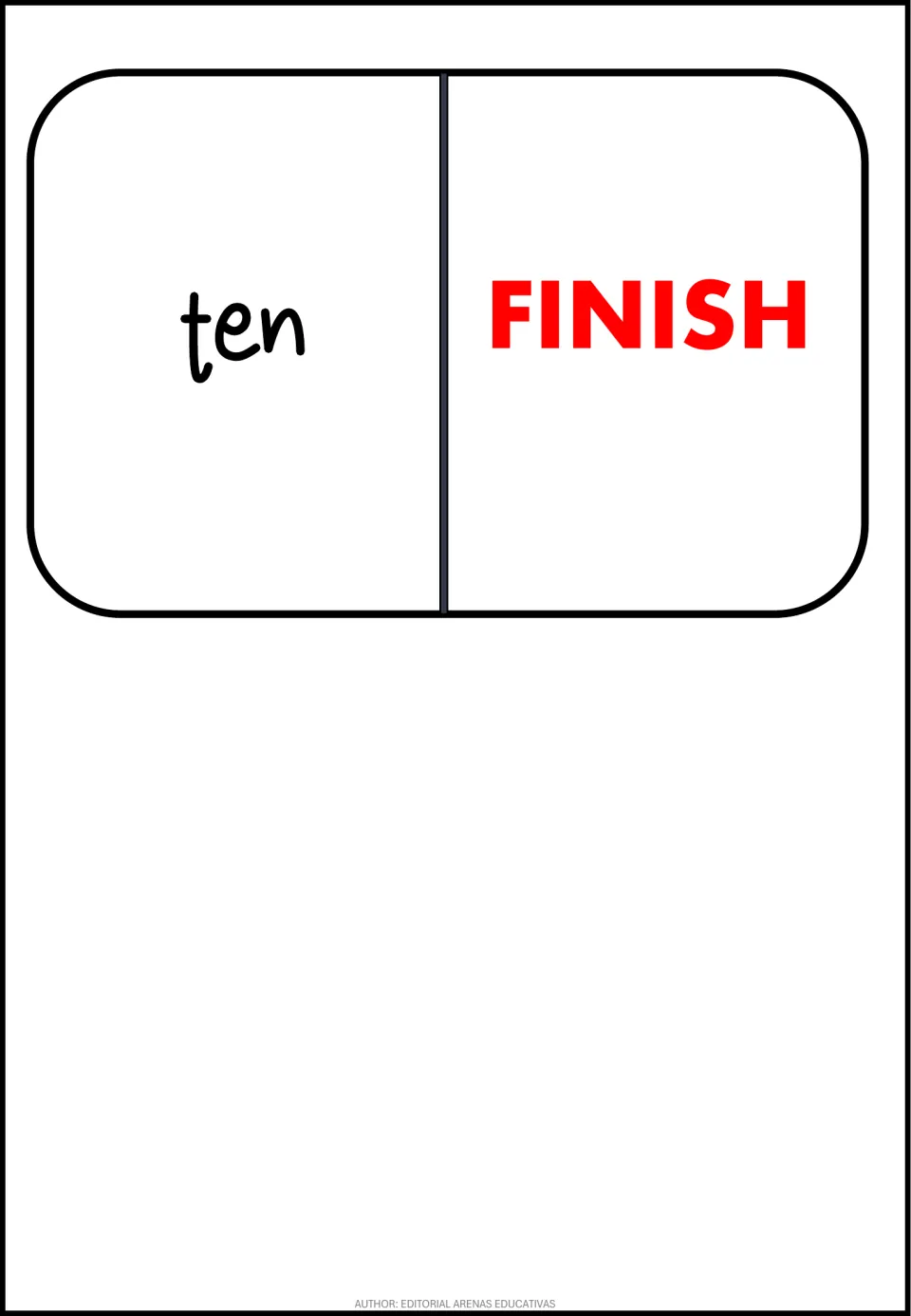 Numbers domino card 11 of 11: the word ten pairs with FINISH on the final card of the 1–10 game.