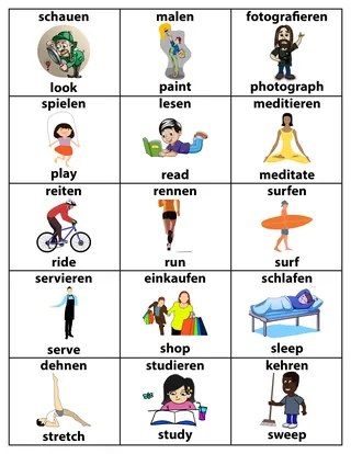 English-German Action Verbs Flashcards – ESL – sample page 3