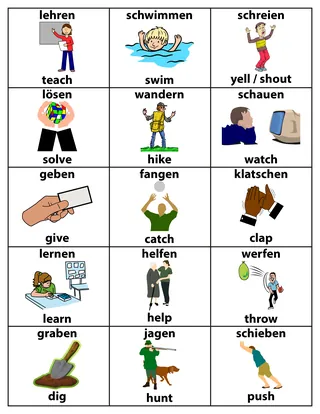 English-German Action Verbs Flashcards – ESL – sample page 4