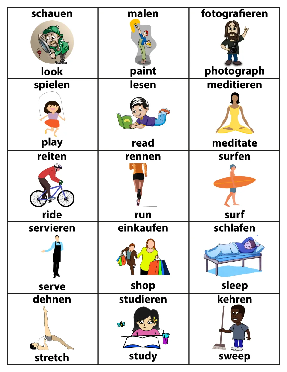 Picture flashcards for 15 verbs such as schauen/look, lesen/read, rennen/run, schlafen/sleep and kehren/sweep