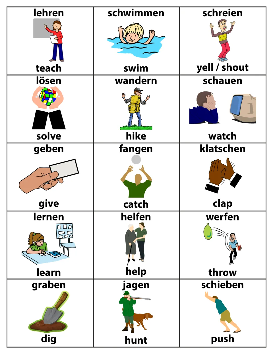 Bilingual verb cards: 15 illustrated actions like lehren/teach, schwimmen/swim, fangen/catch, werfen/throw and graben/dig