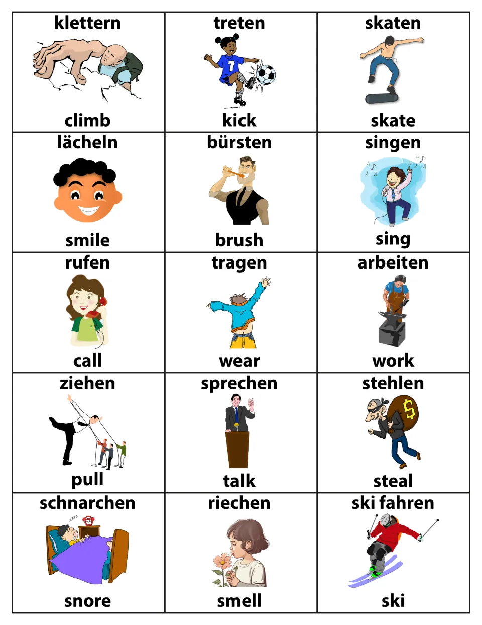 Illustrated verb pairs in German and English for 15 actions, including klettern/climb, singen/sing, ziehen/pull and ski