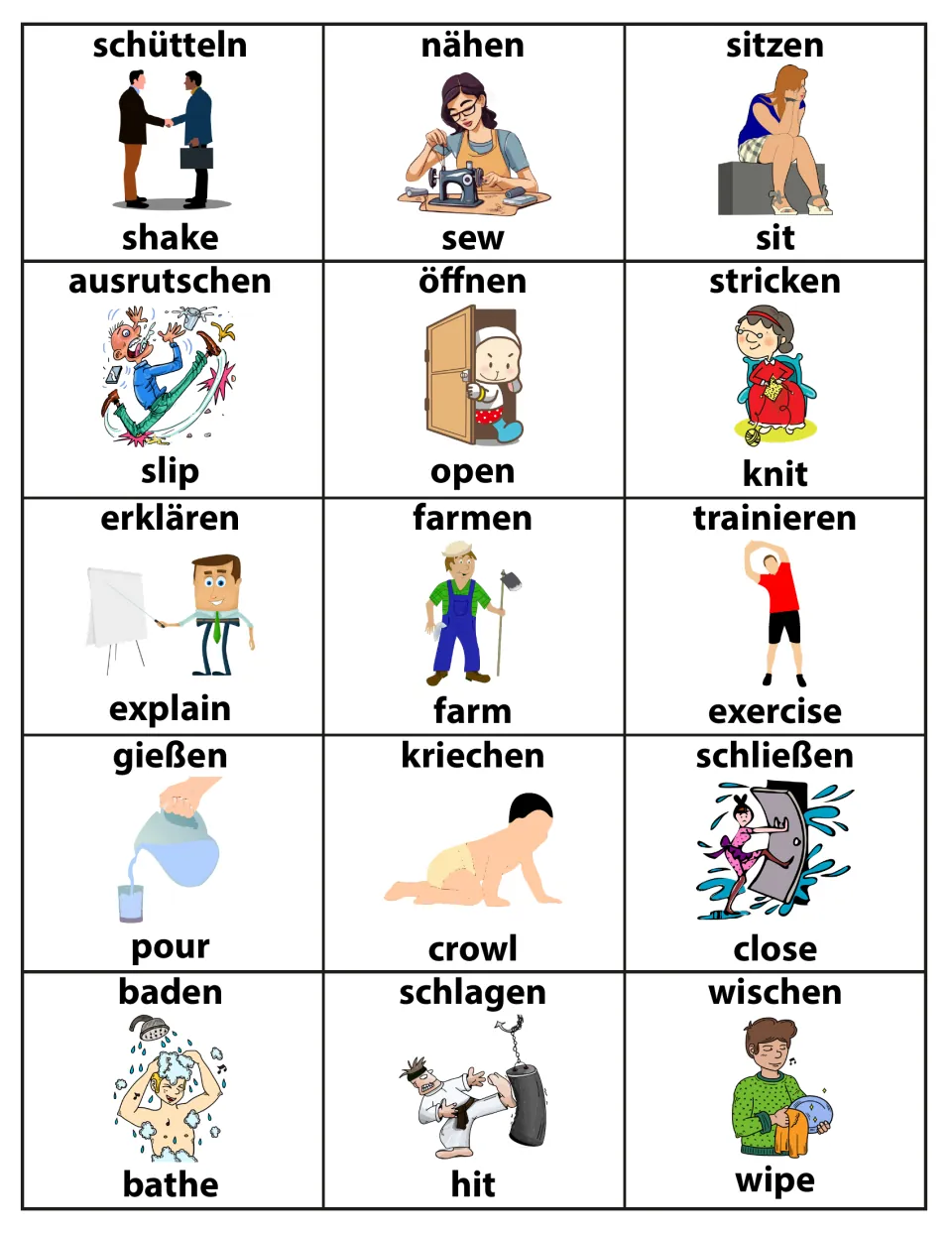 Verb flashcards showing 15 actions such as schütteln/shake, nähen/sew, öffnen/open, gießen/pour and baden/bathe