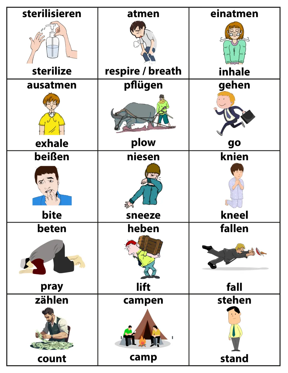 German and English verb picture cards for 15 actions, including atmen/respire, einatmen/inhale, niesen/sneeze, zählen/count