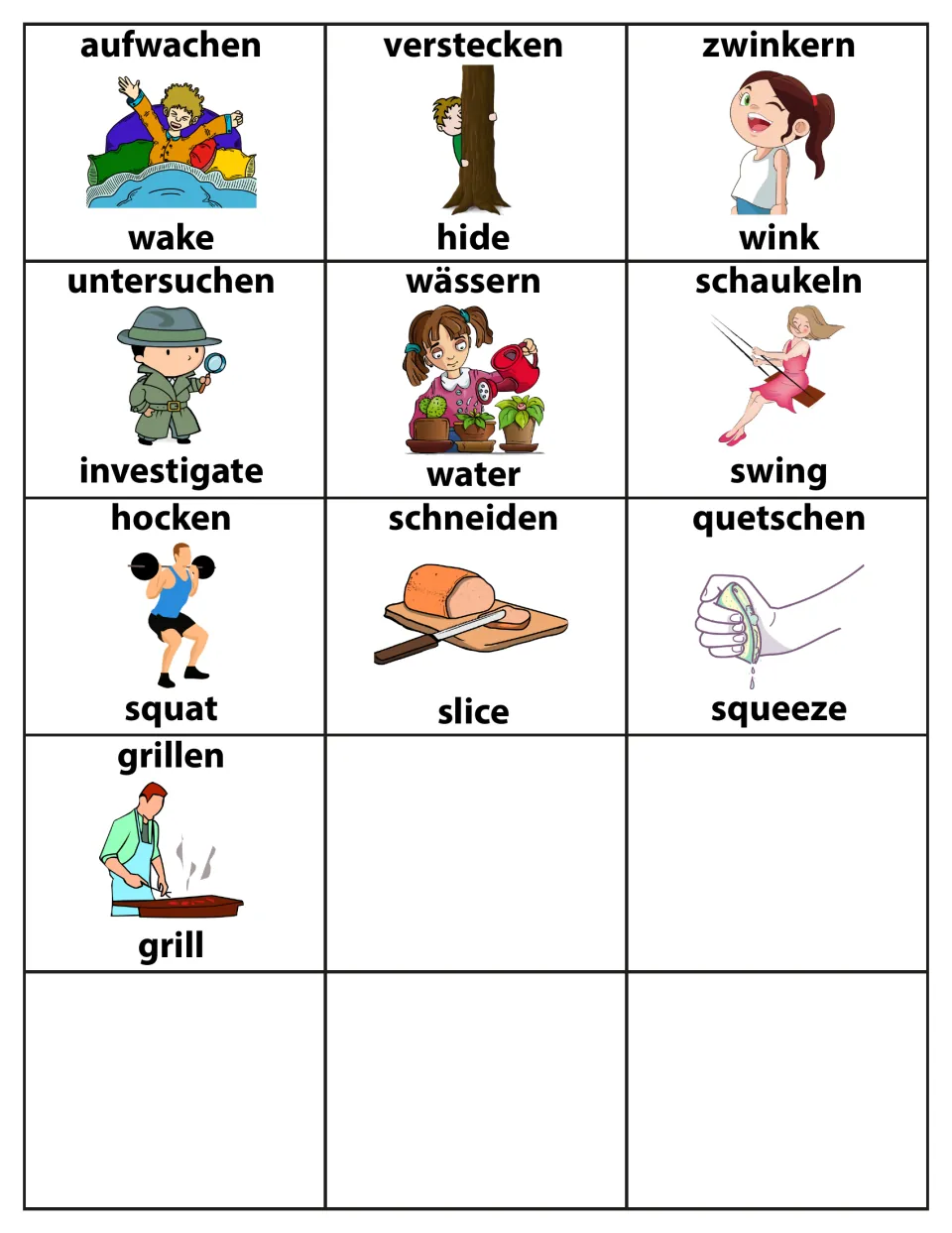 Final 10 picture verb cards, from aufwachen/wake and verstecken/hide to quetschen/squeeze and grillen/grill; rest blank