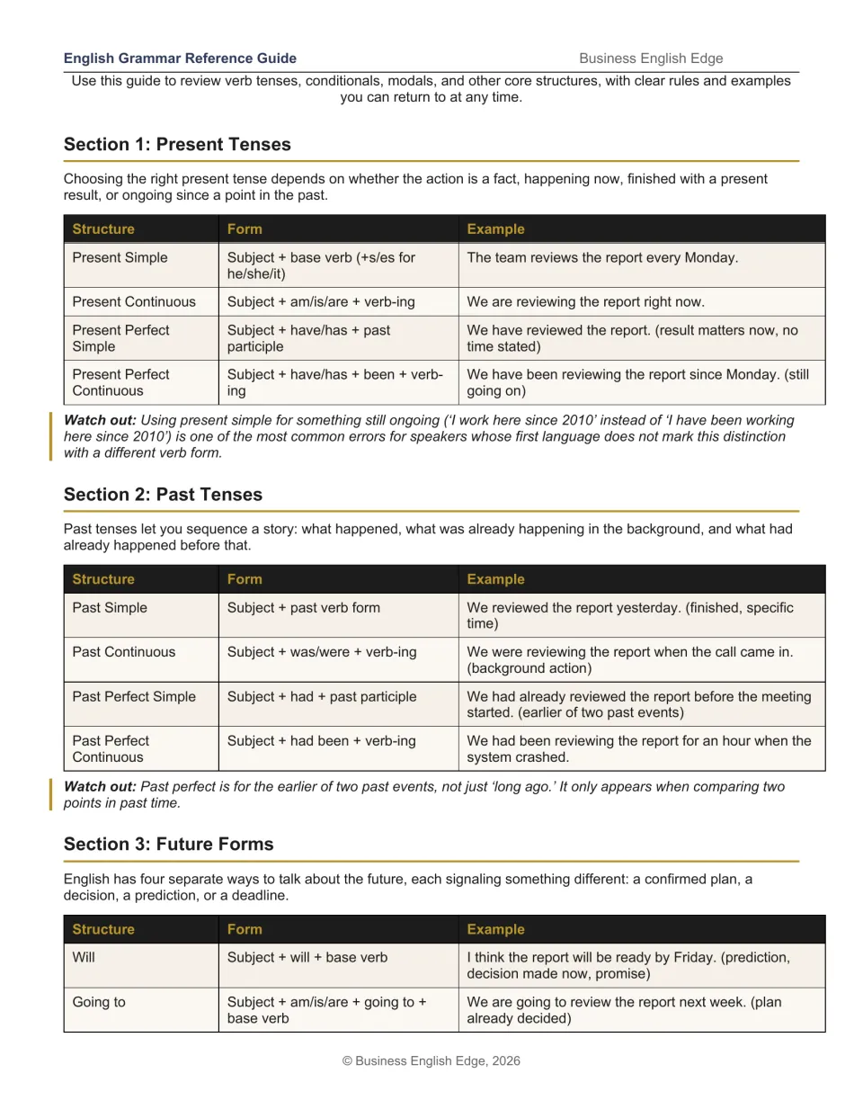 Grammar reference sections 1–3: present and past tense forms, workplace examples, and will versus going to
