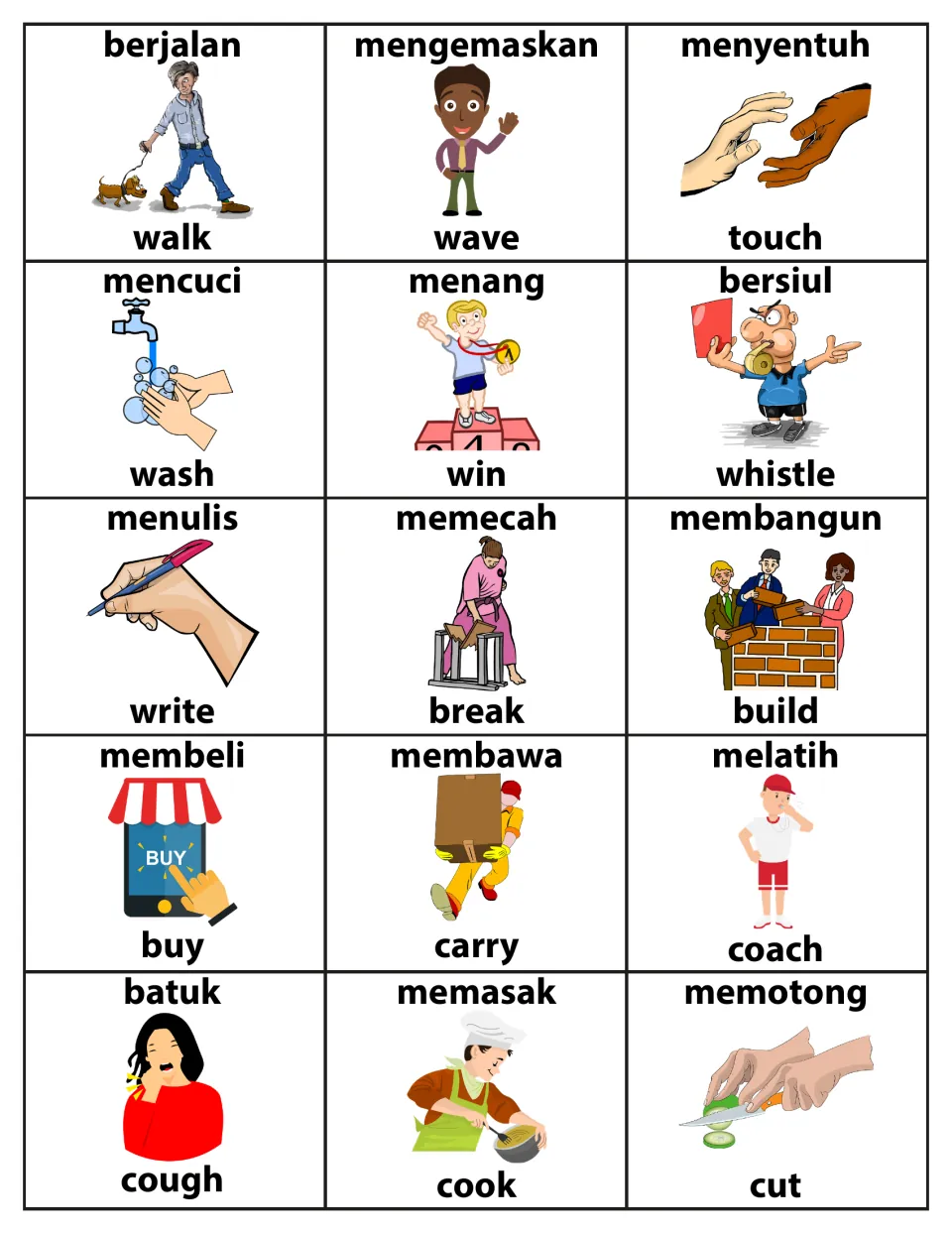 English-Indonesian action verb cards 1–15: walk, wave, touch, wash and 11 more, each illustrated and labeled