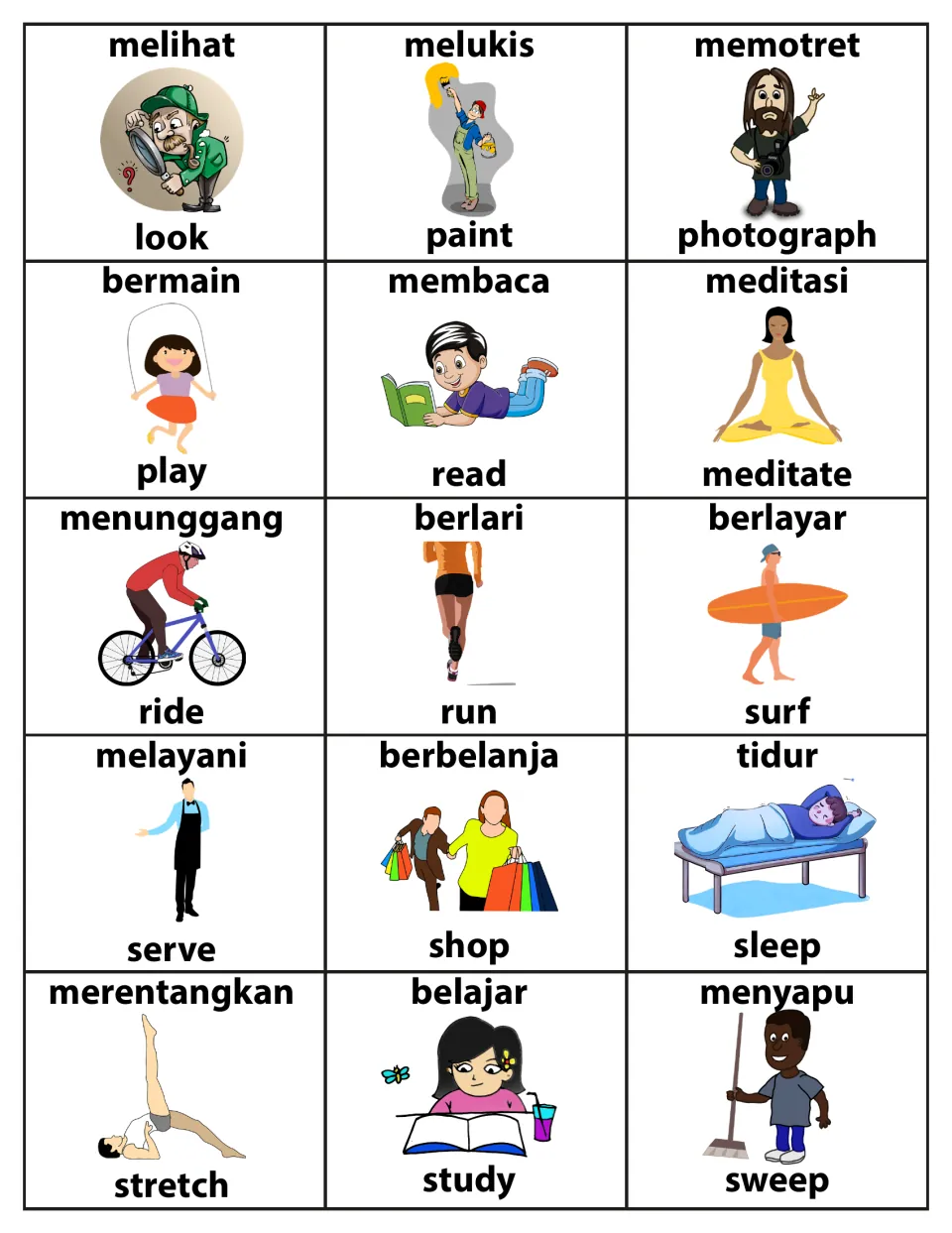 English-Indonesian action verb cards 31–45: look, paint, photograph, play and 11 more, with labeled pictures