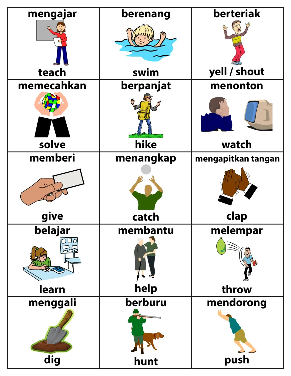 English-Indonesian action verb cards 46–60: teach, swim, yell / shout, solve and 11 more, with pictures