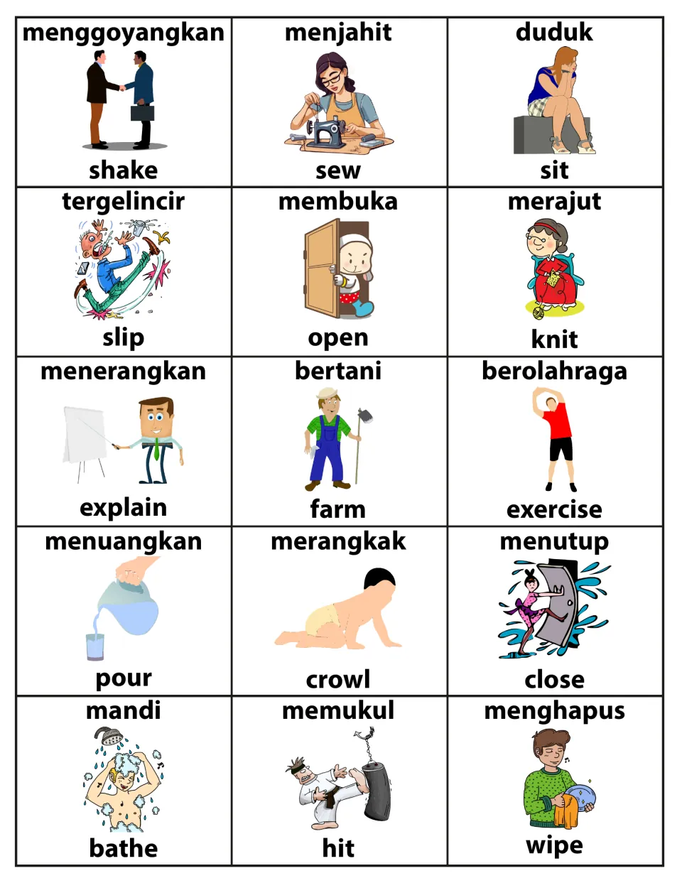 English-Indonesian action verb cards 76–90: shake, sew, sit, slip and 11 more, with pictures and labels