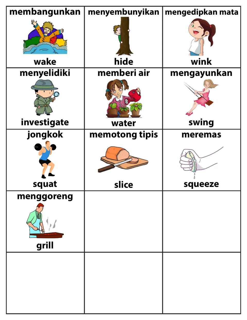 English-Indonesian action verb cards 106–115: wake, hide, wink, investigate and six more, with pictures