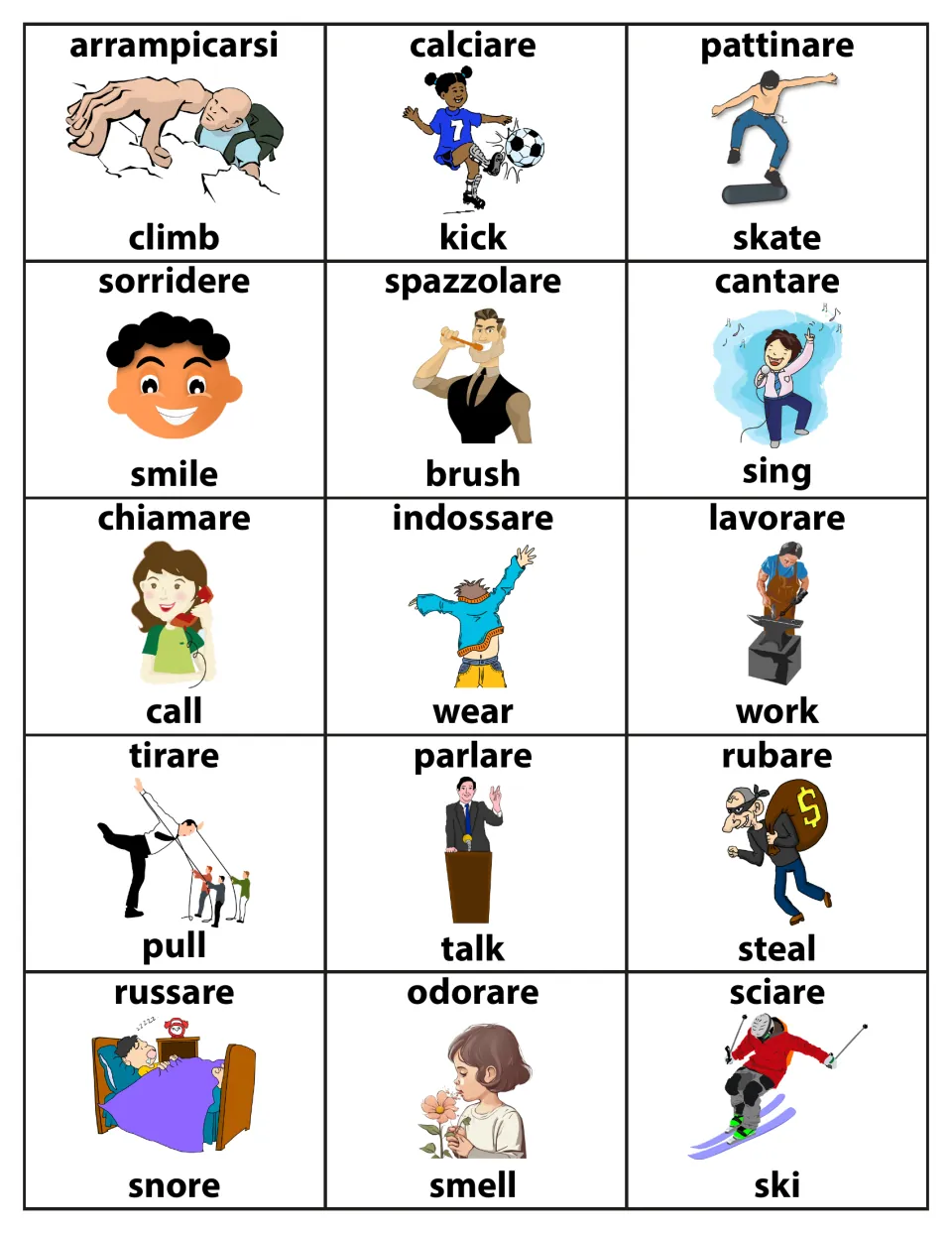 Italian-English vocabulary cards with illustrations for arrampicarsi/climb, cantare/sing, parlare/talk and sciare/ski