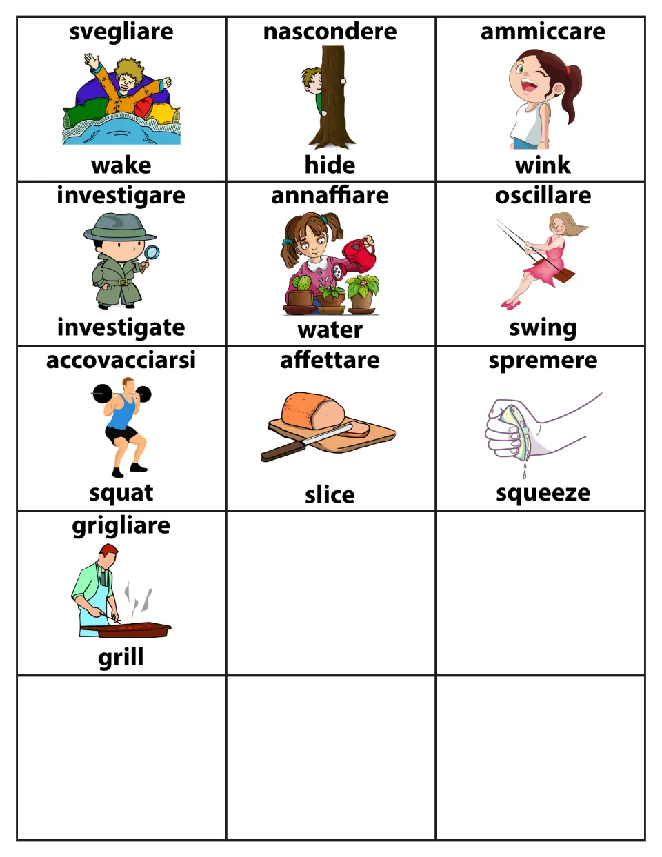 Ten verb cards: svegliare/wake, nascondere/hide, annaffiare/water, affettare/slice to grigliare/grill; rest left blank