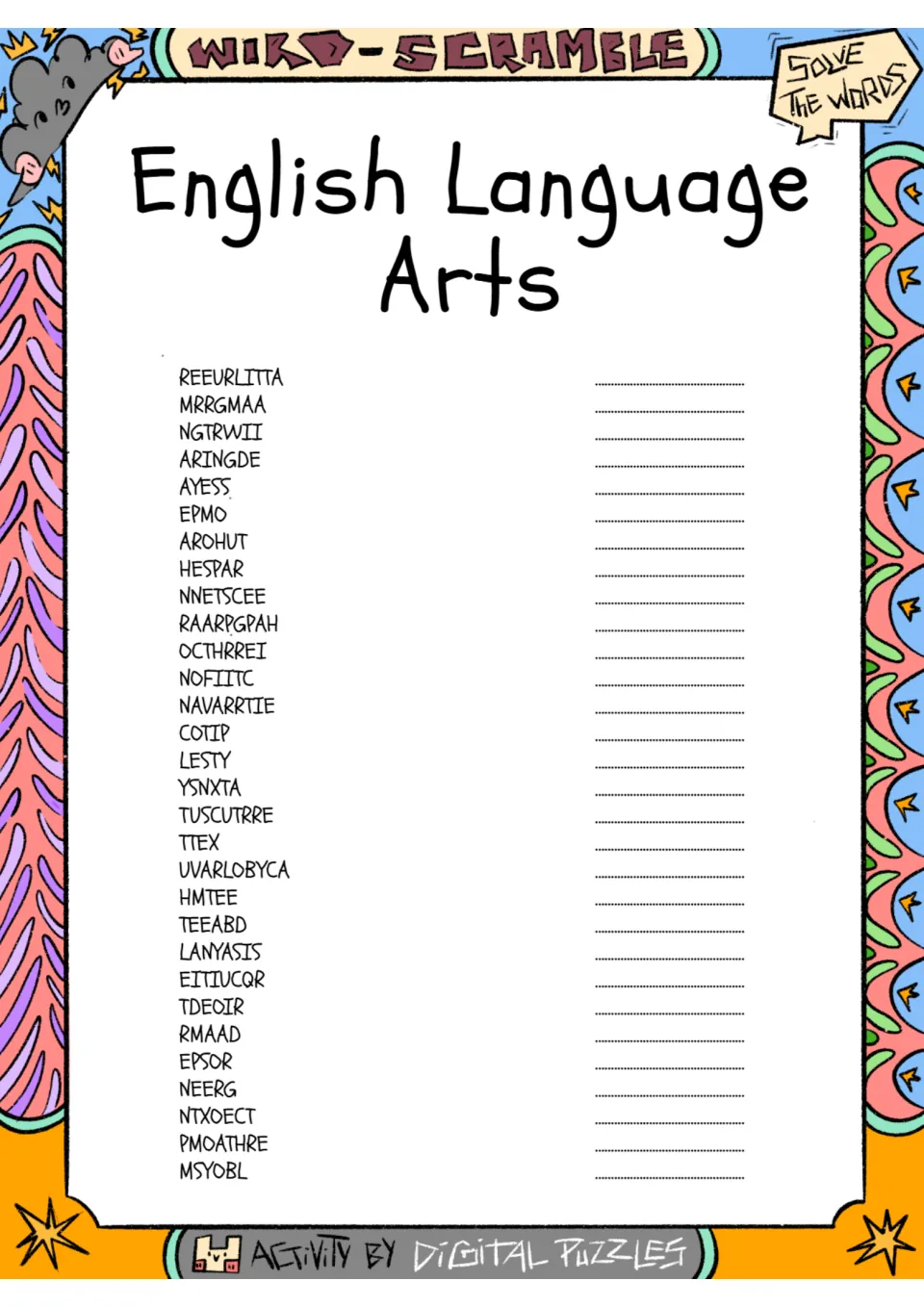 English Language Arts word scramble: students unscramble 30 ELA terms such as REEURLITTA and MRRGMAA