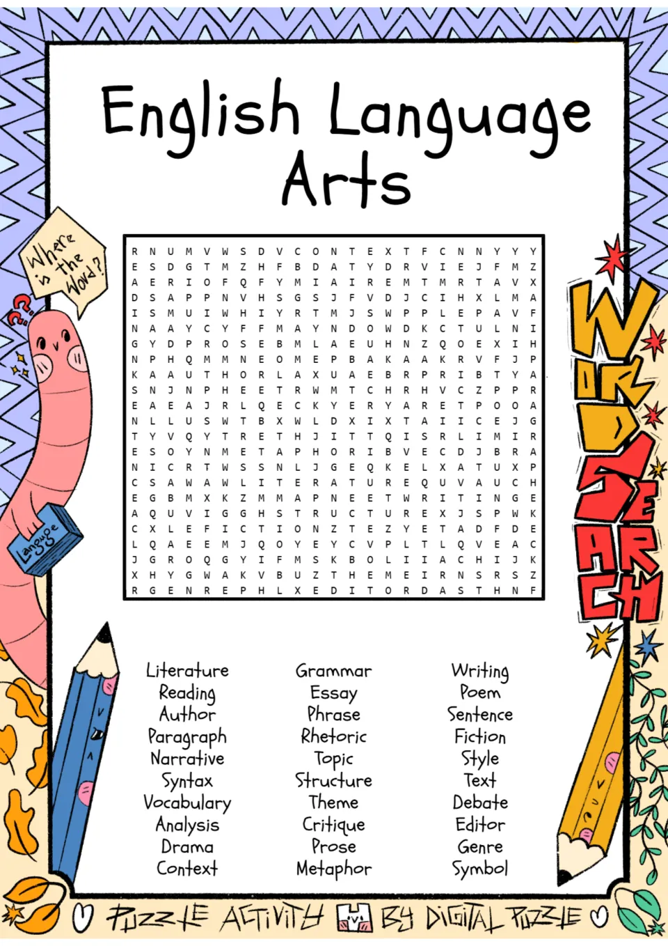 English Language Arts word search: students find 30 words such as syntax, metaphor, genre and rhetoric in a letter puzzle