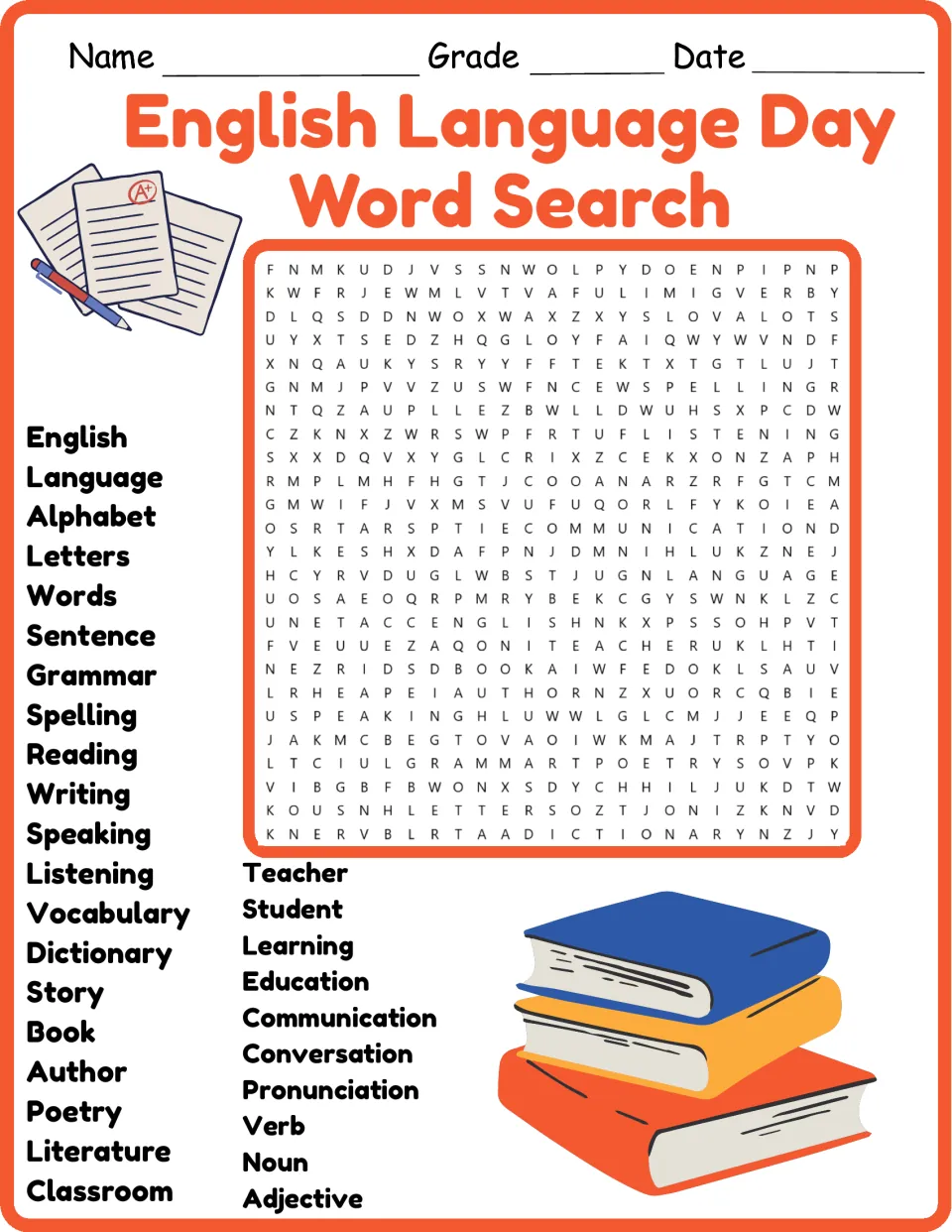 English Language Day word search in color: students find 30 terms such as grammar, vocabulary and poetry in the grid