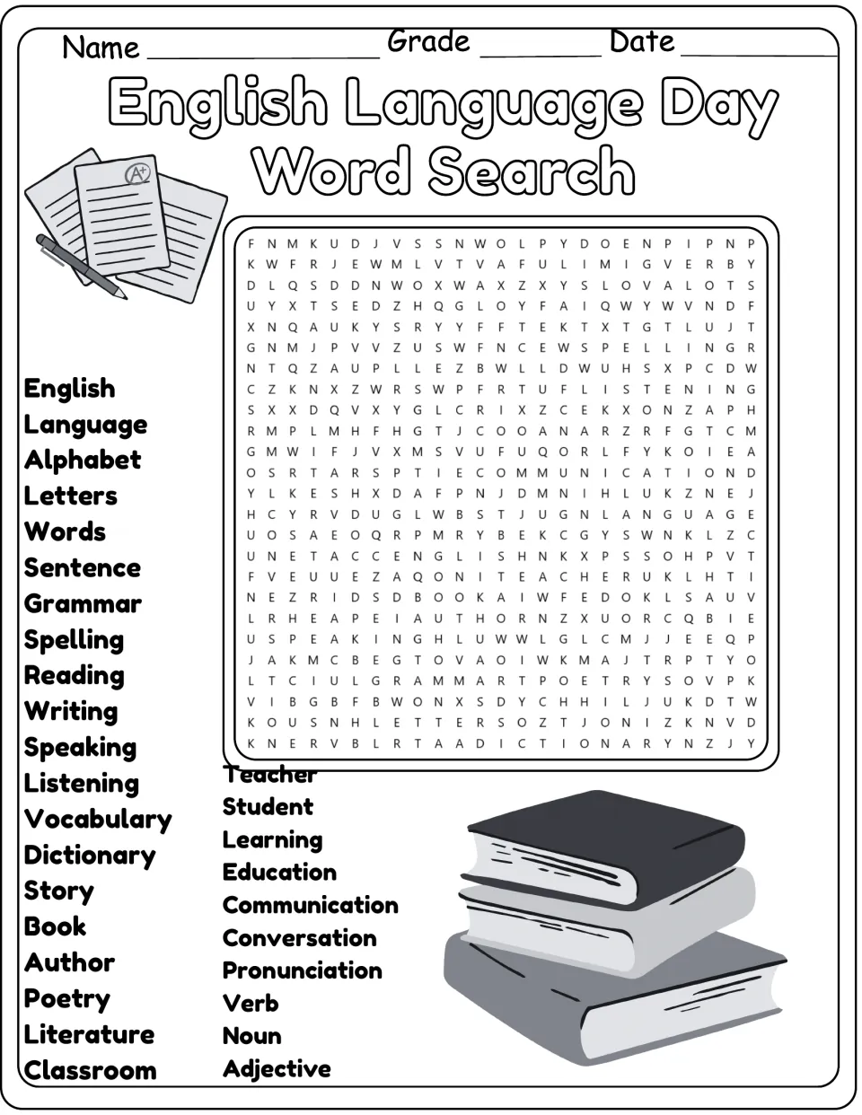 Black-and-white version of the English Language Day puzzle: find 30 words like spelling, dictionary, noun and verb