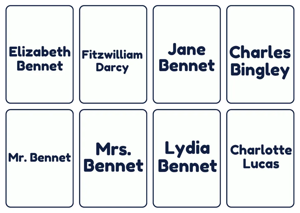 Character cards 1–8: Elizabeth Bennet, Fitzwilliam Darcy, Jane Bennet, Charles Bingley, and four more