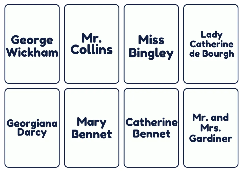 Character cards 9–16: George Wickham, Mr. Collins, Miss Bingley, Lady Catherine de Bourgh, and four more