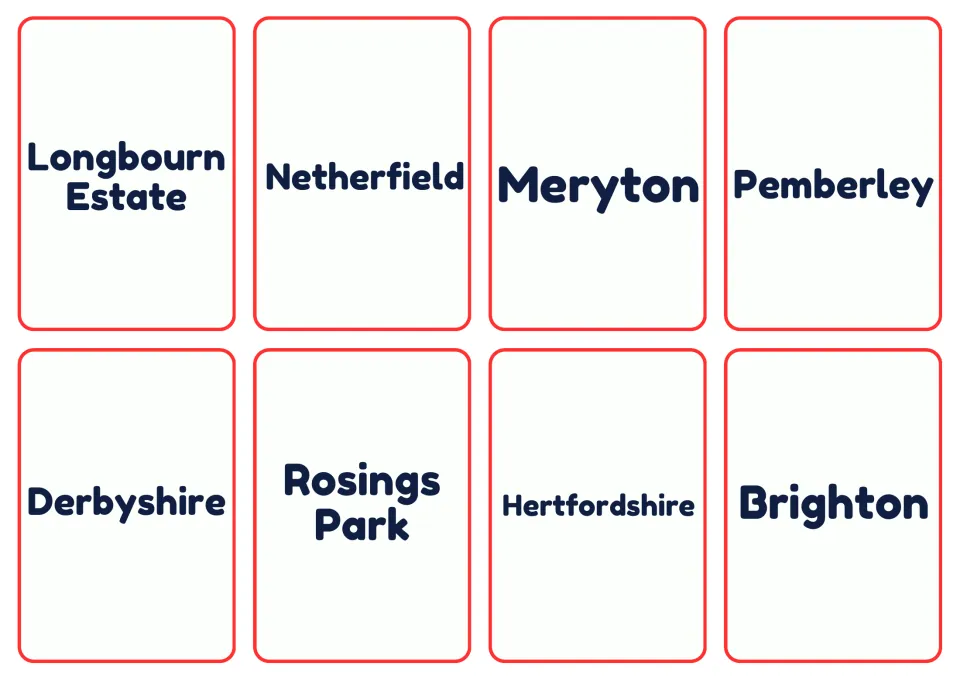 Eight setting cards: Longbourn Estate, Netherfield, Meryton, Pemberley, Derbyshire, and three more