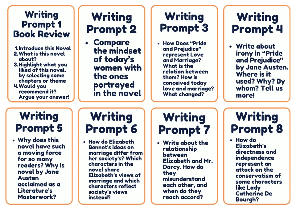 Eight writing prompt cards cover a book review, women’s views, love and marriage, irony, and relationships