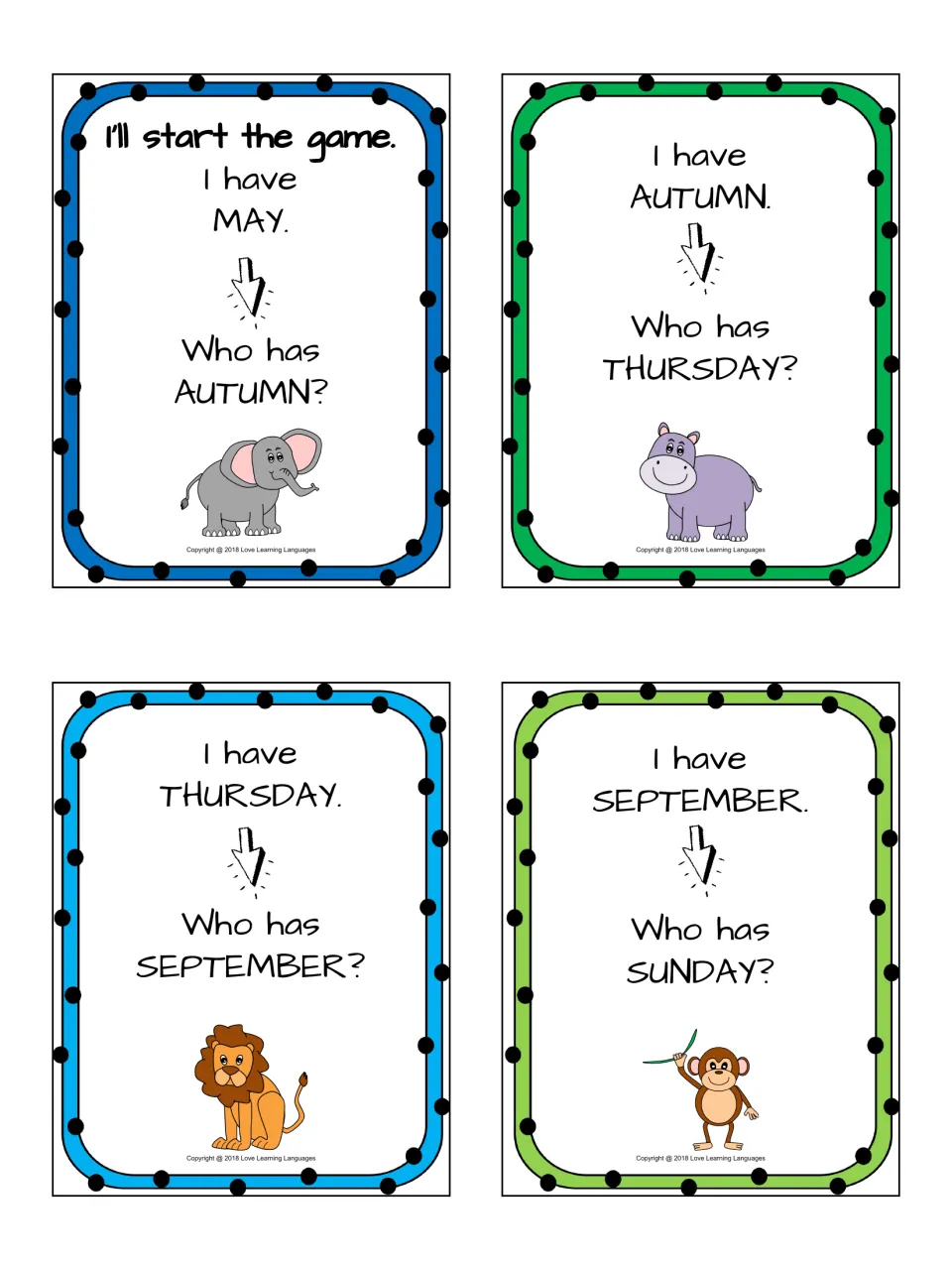I have, who has calendar vocabulary cards: the starter card reads I have May, who has Autumn?, then Thursday and September