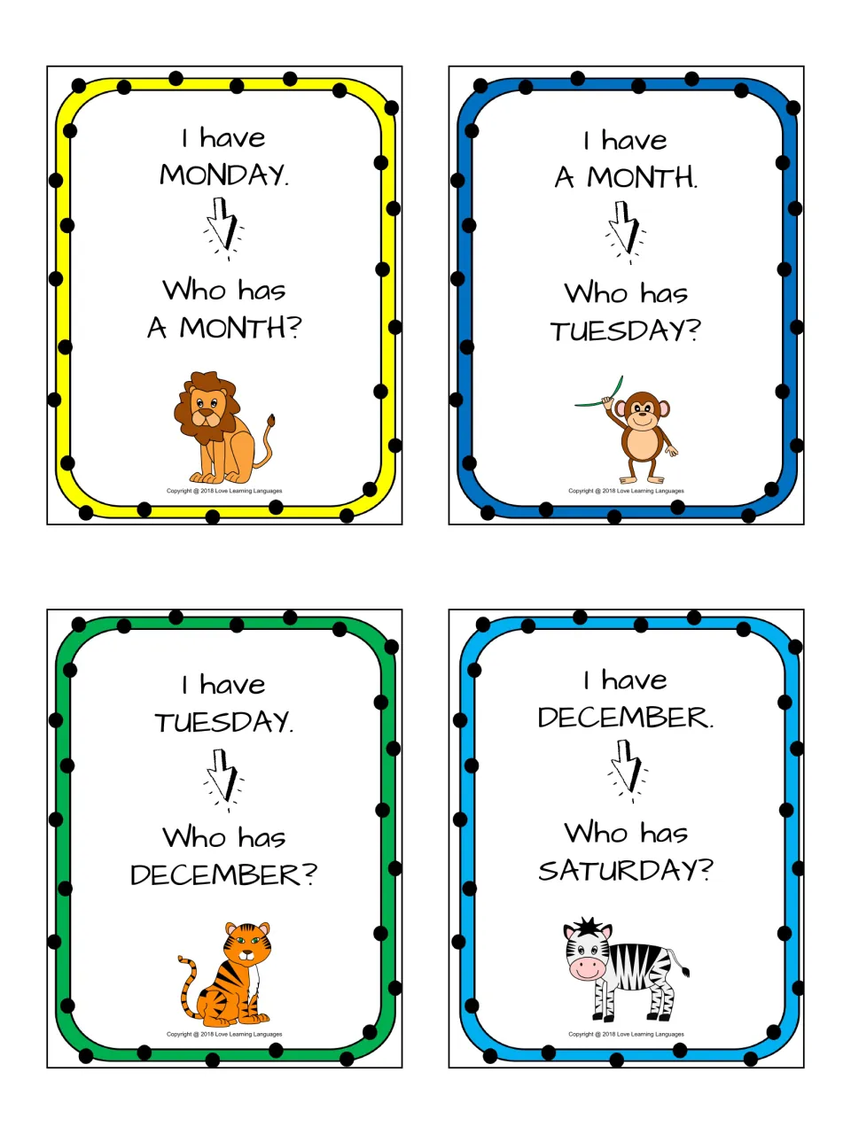 Calendar word cards mixing days with the word month: I have Monday, who has a month? leads to Tuesday, December, Saturday