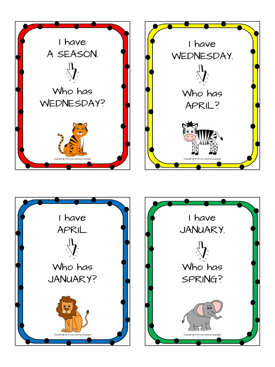 Seasons, weekdays and months cards for a listening chain: I have a season, who has Wednesday? then April, January, Spring