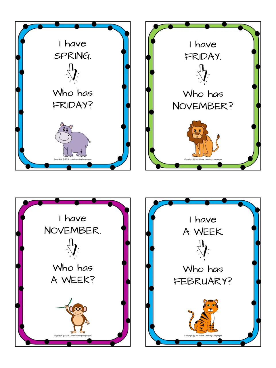 Read-aloud calendar cards: students say I have Spring, who has Friday? and continue through November, a week and February