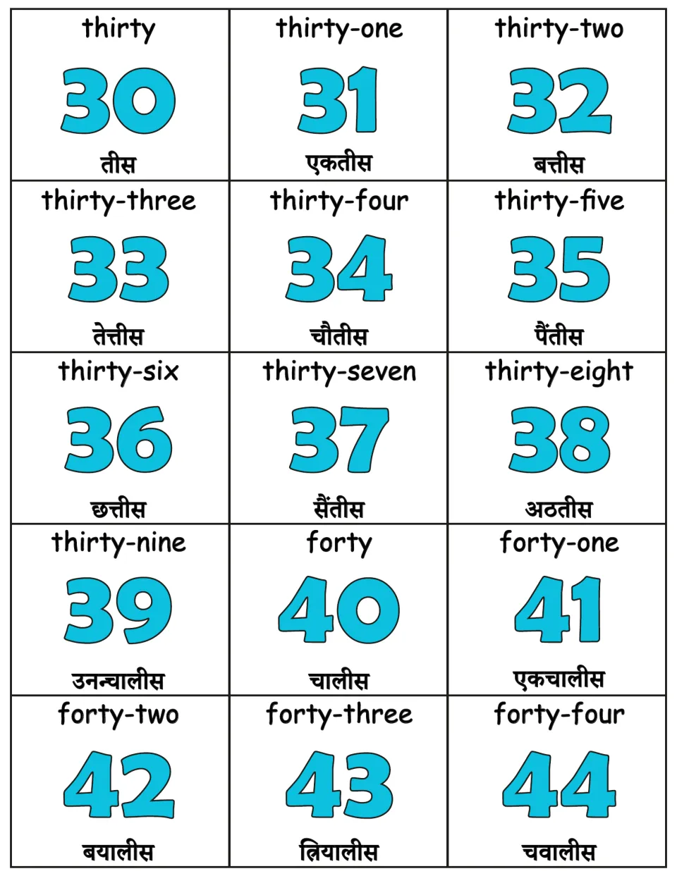 Numbers 30 to 44 cards: thirty through forty-four, each numeral paired with its English and Nepali number names