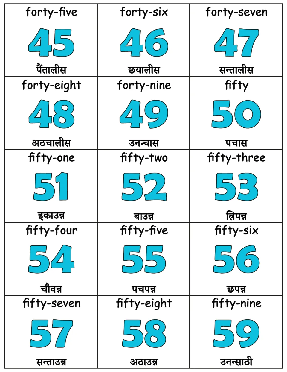 Numbers 45 to 59 cards: forty-five through fifty-nine, each showing the numeral between its English and Nepali words