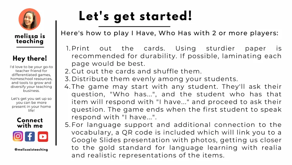 Game instructions explain printing, cutting, shuffling, and dealing cards, then taking turns asking Who has