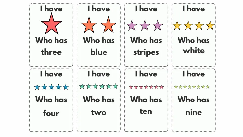Vocabulary game cards 1–8 show one through eight stars and ask for numbers, blue, white, or stripes