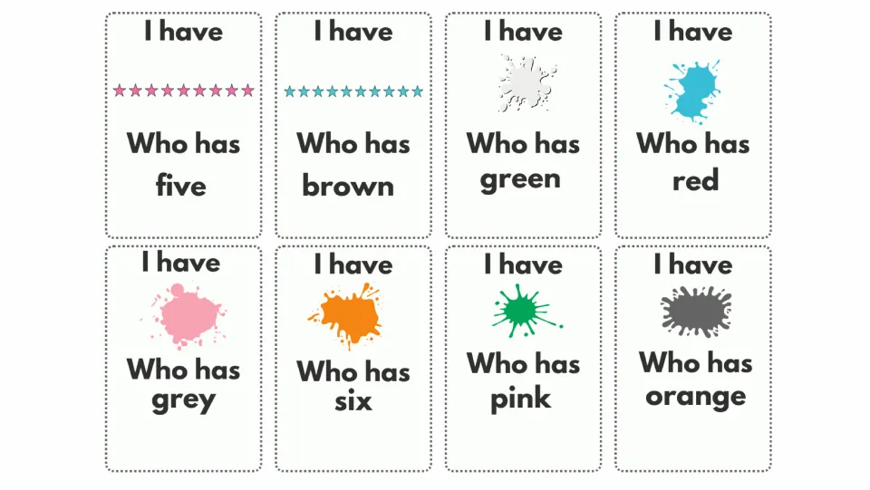 Vocabulary game cards 9–16 show nine and ten stars plus white, blue, pink, orange, green, and gray paint
