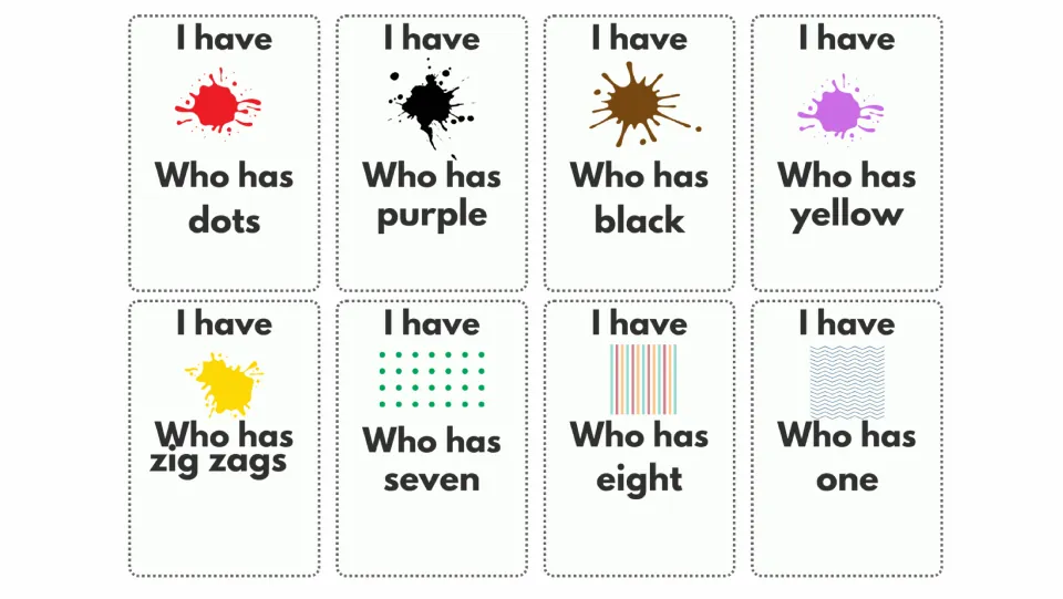 Vocabulary game cards 17–24 show red, black, brown, purple, and yellow paint plus dots, stripes, and zigzags