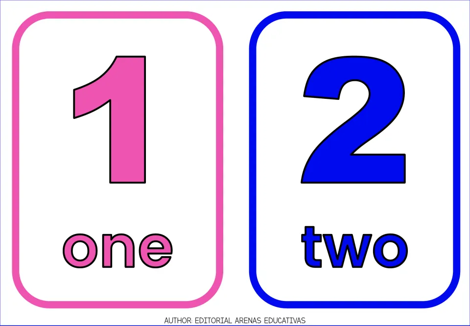 English number flashcards 1 and 2, pairing each large colored numeral with its written word: one and two
