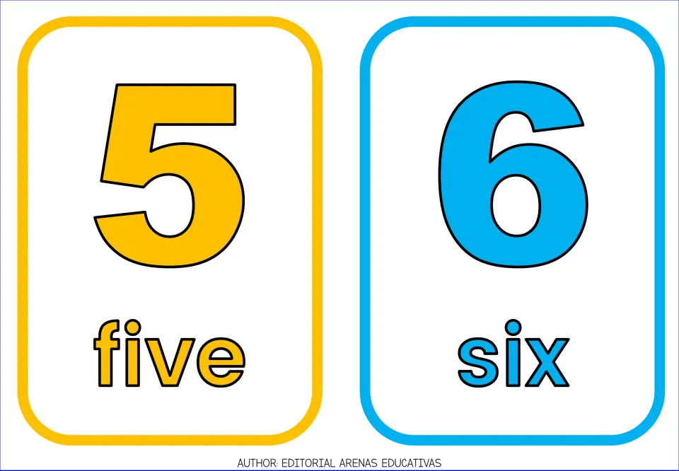 English number flashcards 5 and 6, pairing each large colored numeral with its written word: five and six