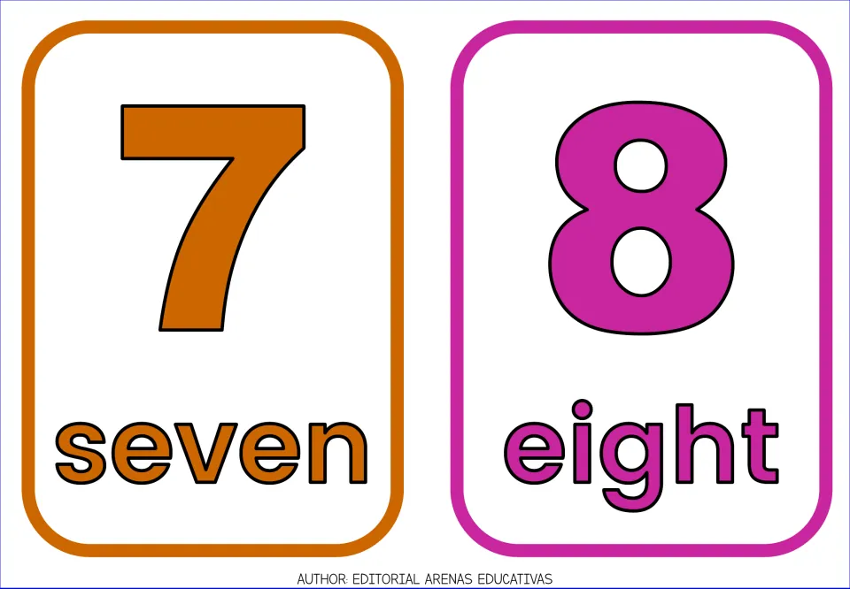 English number flashcards 7 and 8, pairing each large colored numeral with its written word: seven and eight