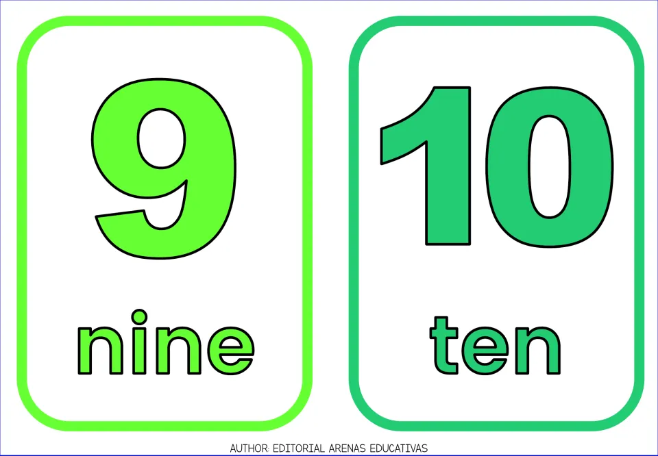 English number flashcards 9 and 10, pairing each large colored numeral with its written word: nine and ten