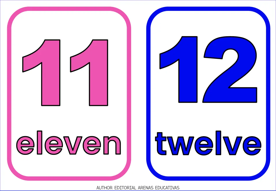 English number flashcards 11 and 12, pairing each large colored numeral with its written word: eleven and twelve
