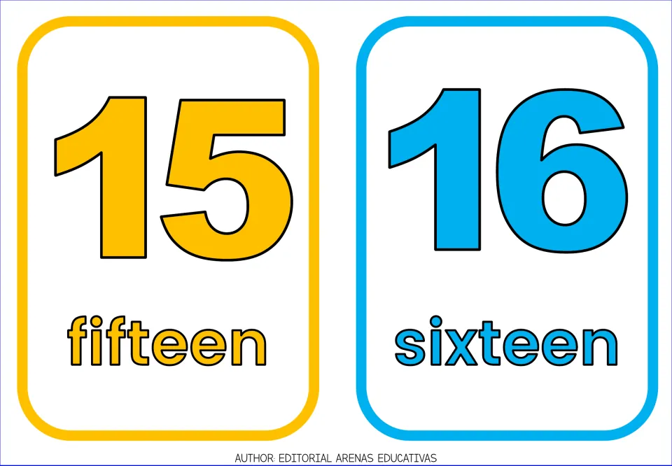English number flashcards 15 and 16, pairing each colored numeral with its written word: fifteen and sixteen