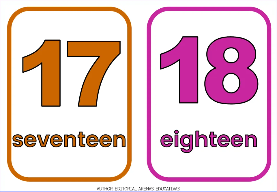 English number flashcards 17 and 18, pairing each colored numeral with its written word: seventeen and eighteen