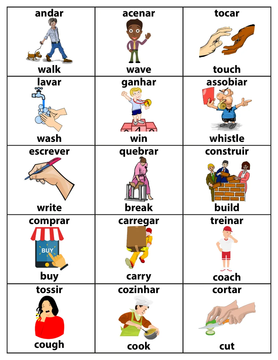 Action verb flashcards 1–15: andar (walk), acenar (wave), tocar (touch) and 12 more in Portuguese and English