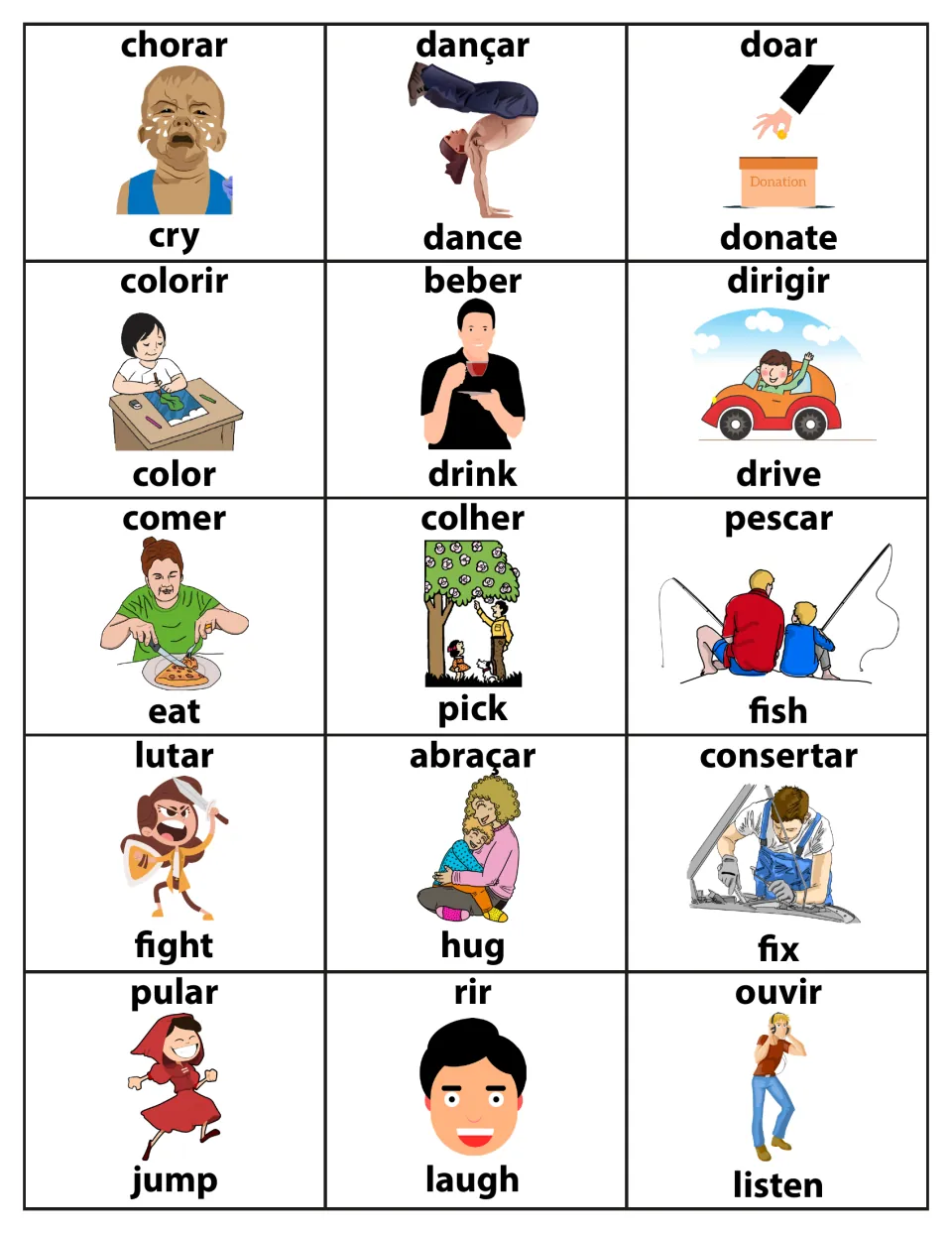 Action verb flashcards 16–30: chorar (cry), dançar (dance), doar (donate) and 12 more in Portuguese and English